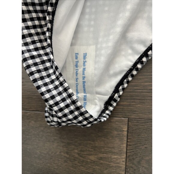 NWT Kona Sol One Piece Swimsuit Black White Textured Gingham Ruched Medium - Picture 4 of 7